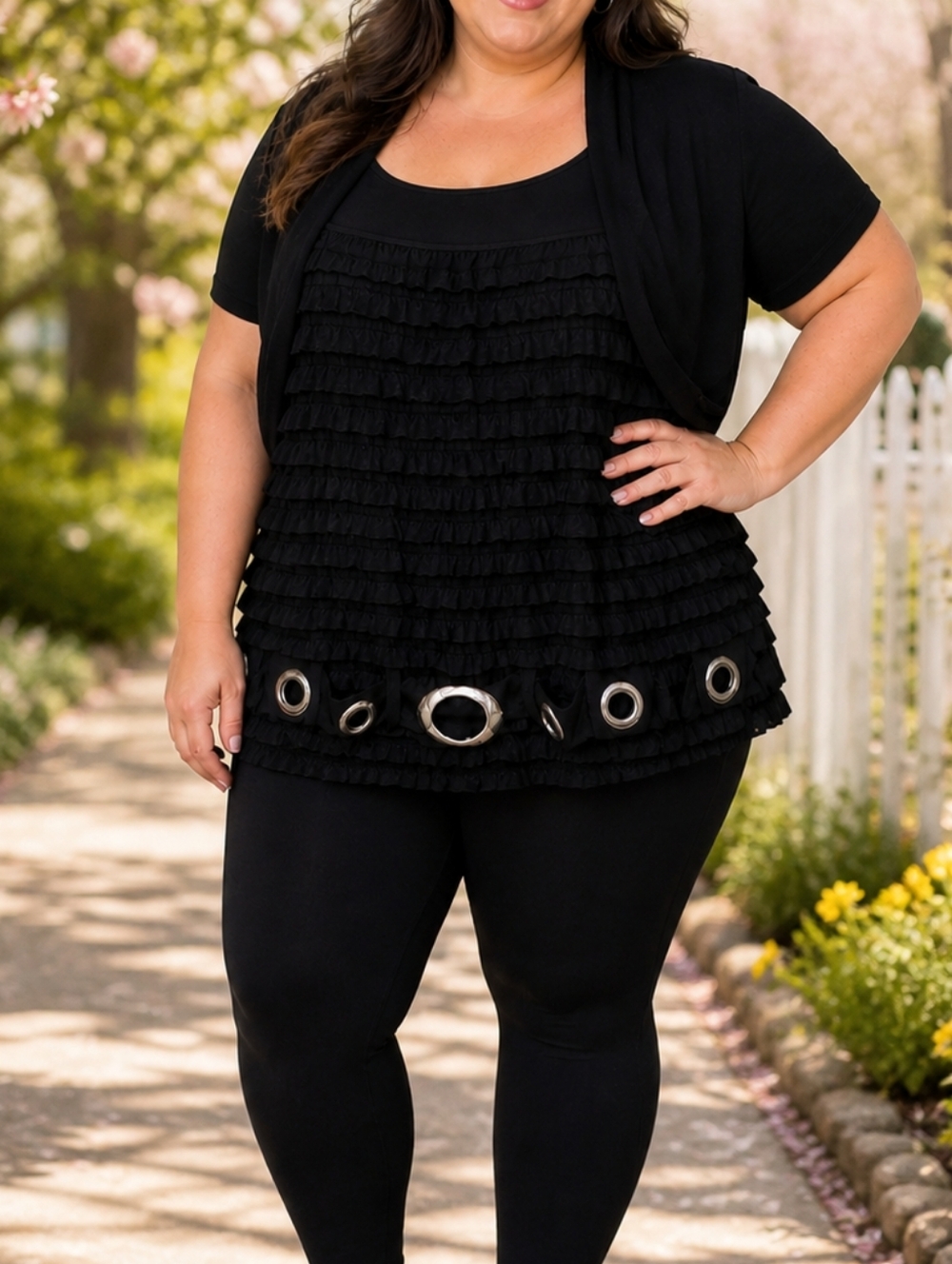 Joseph Ribkoff Black Ruffled Tunic Top with Eyelet Belt Detail